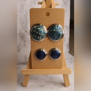 2 pairs of vintage silvertone round earrings with enamel